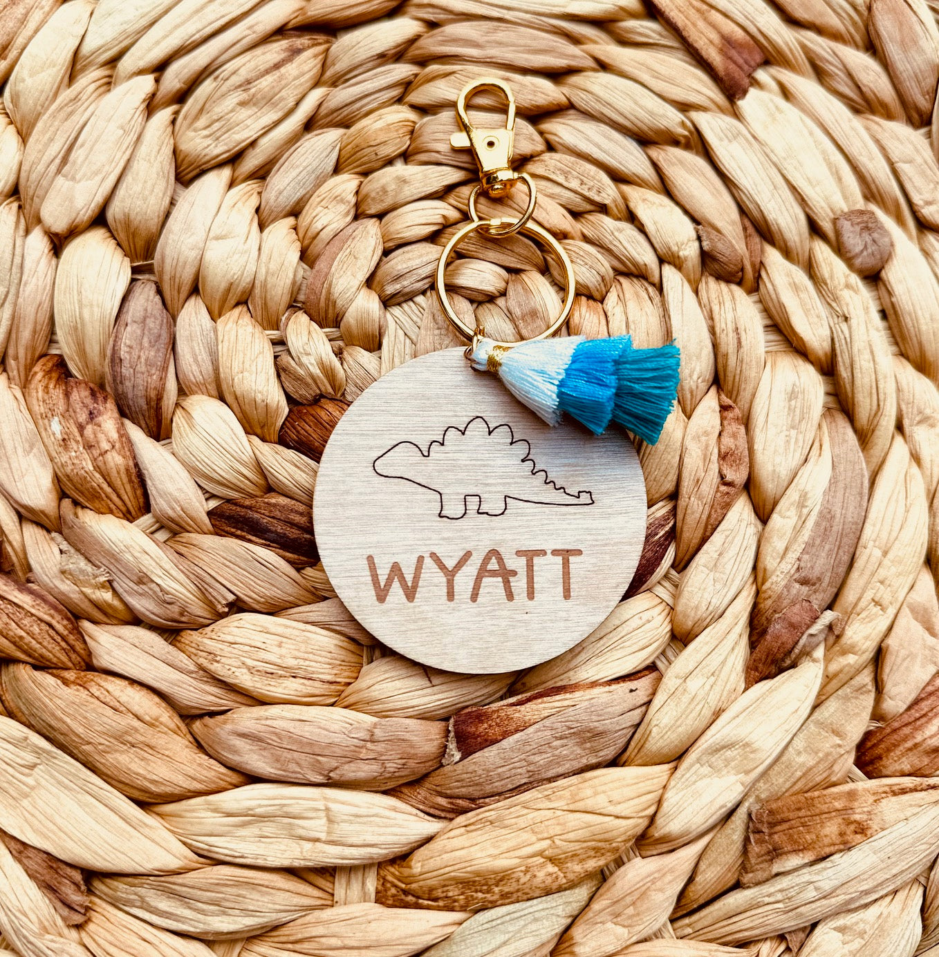 Personalized wood keychain w/ tri-layer tassel